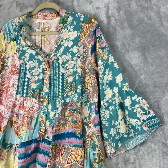 Women Dress  Large Made‎ In Italy Mix Print Patch Dress Fairy Bell Sleeve - Picture 11 of 12